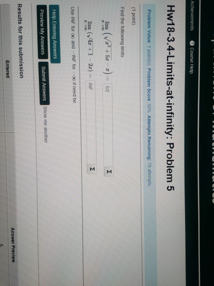 Solved Achievements Course Help Hw18-3.4-Limits-at-infinity: | Chegg.com
