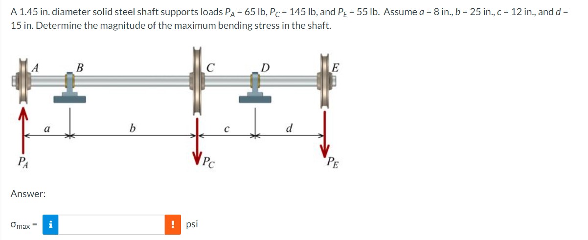 A 1.45 in. diameter solid steel shaft supports loads \( P_{A}=65 \mathrm{lb}, P_{C}=145 \mathrm{lb} \), and \( P_{E}=55 \math