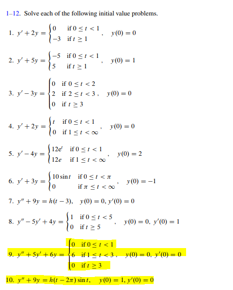 Solved 1-12. Solve each of the following initial value | Chegg.com