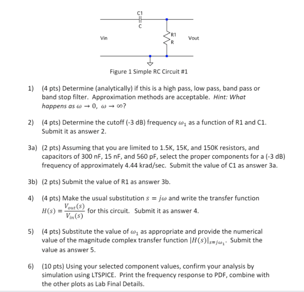 Solved C1 Hc Vin R1 R Vout Figure 1 Simple RC Circuit #1 1) | Chegg.com