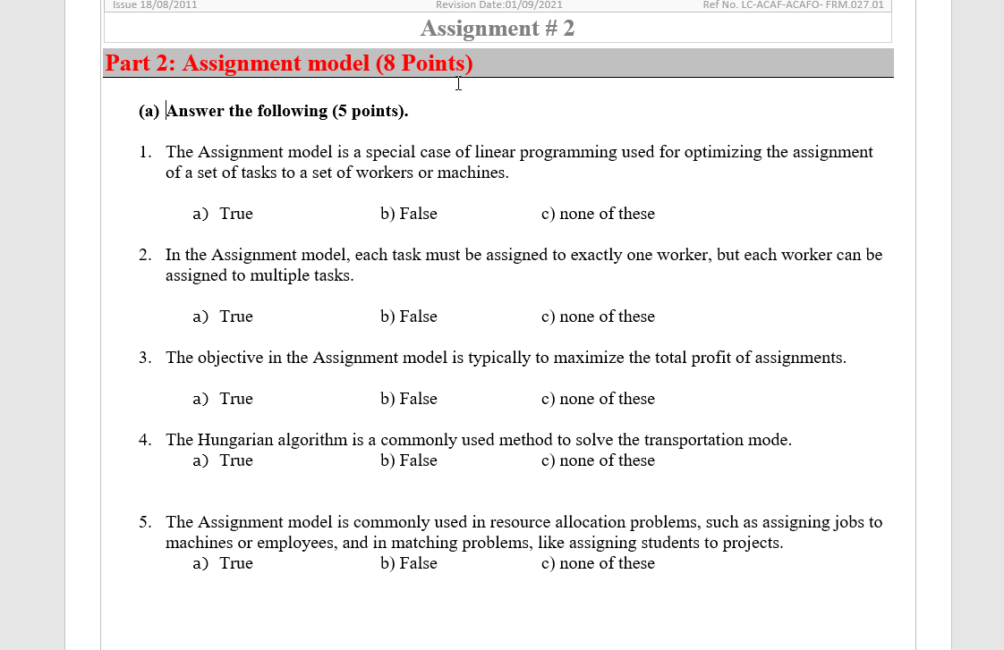 the assignment model is a special case of the model