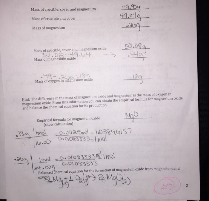 Solved Mass of crucible, cover and magnesium Mass of
