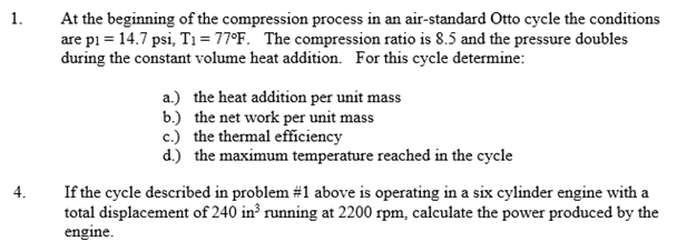 Solved 1. At the beginning of the compression process in an | Chegg.com