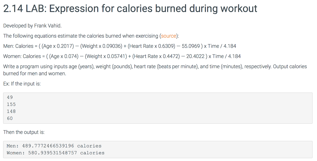 4.14 lab expression for calories burned during workout