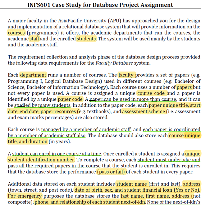 INFS601 Case Study for Database Project Assignment A major faculty in the AsiaPacific University (APU) has approached you for