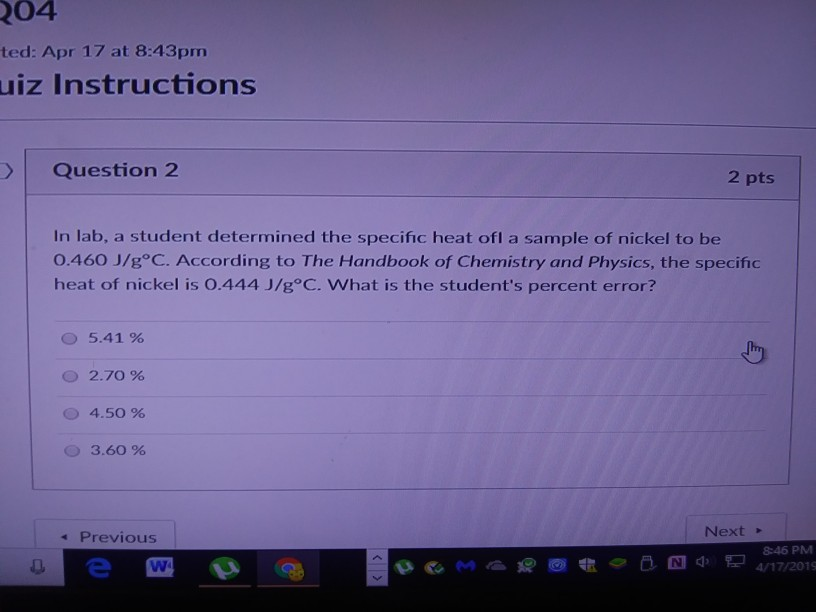 Solved 04 ted: Apr 17 at 8:43pm uiz Instructions Question 2 | Chegg.com