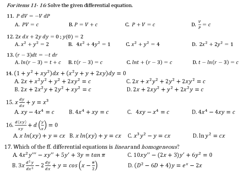 Solved For Items 11 16 Solve The Given Differential Chegg Com