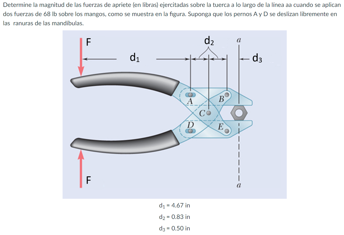 Determine la magnitud de las fuerzas de apriete (en libras) ejercitadas sobre la tuerca a lo largo de la línea aa cuando se a