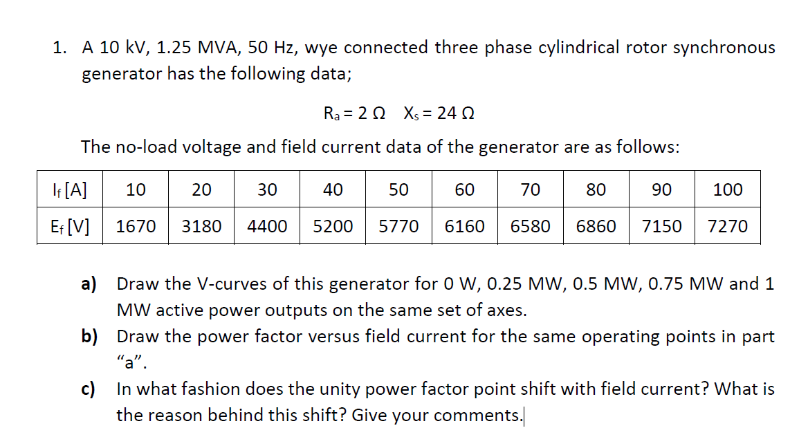 Solved 1. A 10 kV, 1.25 MVA, 50 Hz, wye connected three | Chegg.com