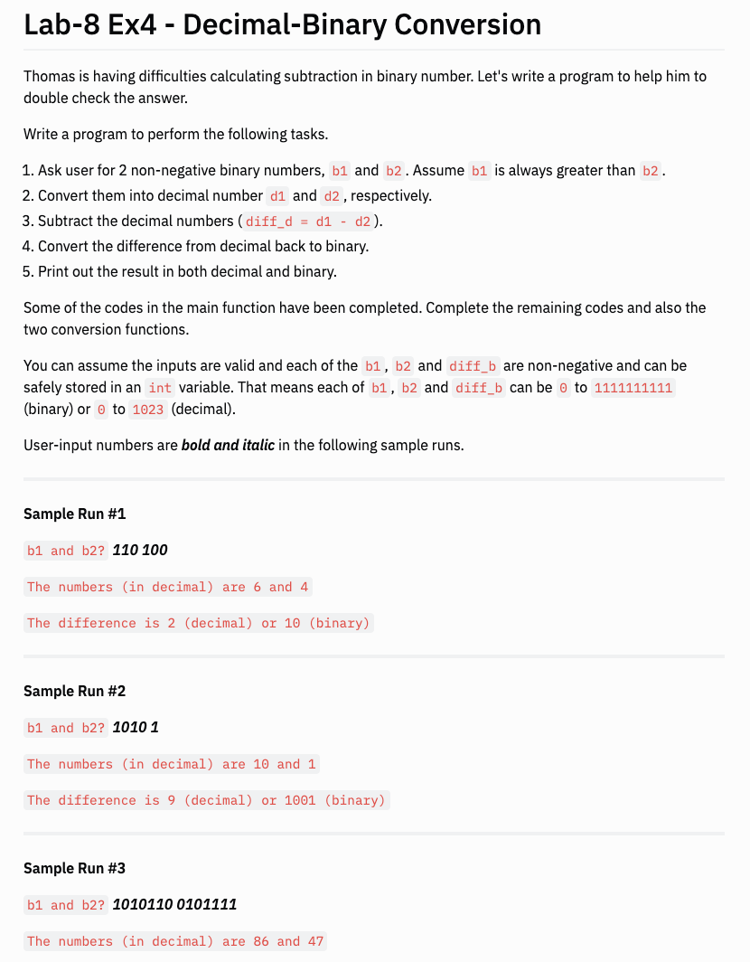 Solved Lab-8 Ex4 - Decimal-Binary Conversion Thomas is | Chegg.com