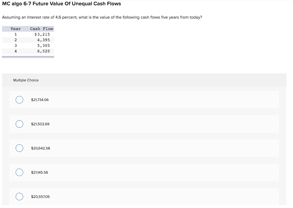 Solved MC algo 6-7 Future Value Of Unequal Cash Flows | Chegg.com