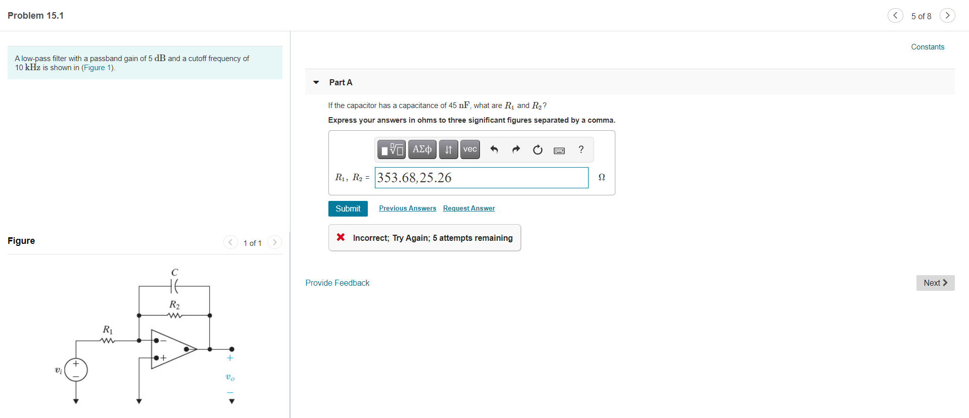 Solved Problem 15.1 5 of 8 Constants A low-pass filter with | Chegg.com