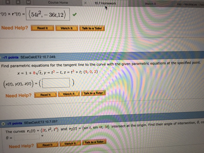 Solved Find Parametric Equations For The Tangent Line To The 5667