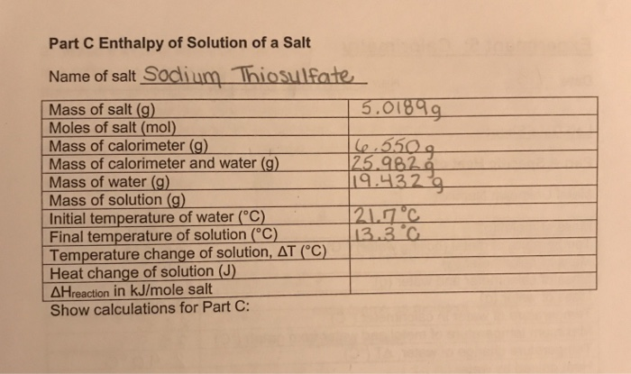 Part C Enthalpy of Solution of a Salt Name of salt | Chegg.com
