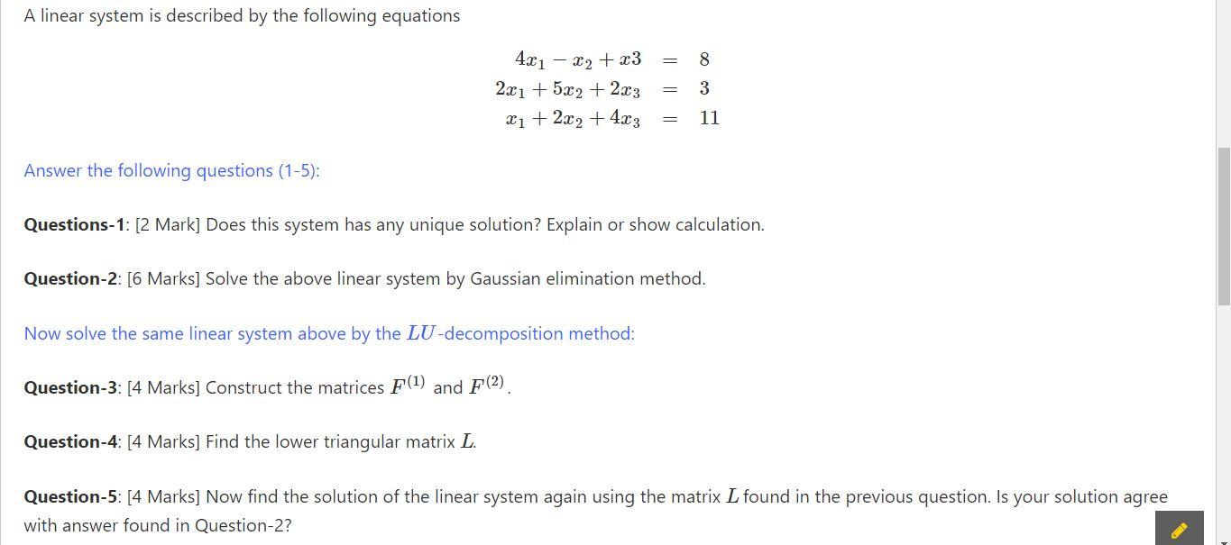 Solved A linear system is described by the following | Chegg.com