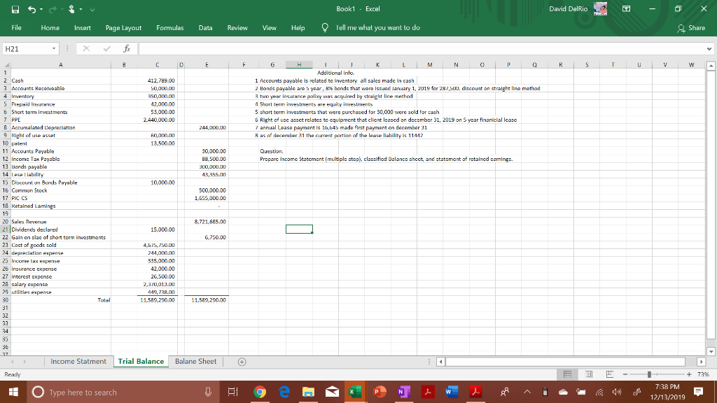 Solved Book1 - Excel David Delrio - 0 x Share File Home | Chegg.com