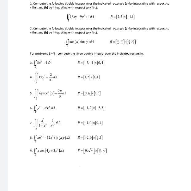 Solved 1. Compute the following double integral over the | Chegg.com