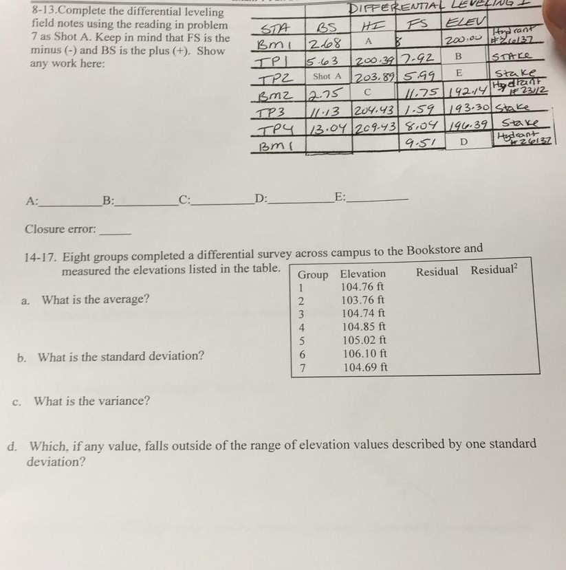 Solved the differential leveling field notes