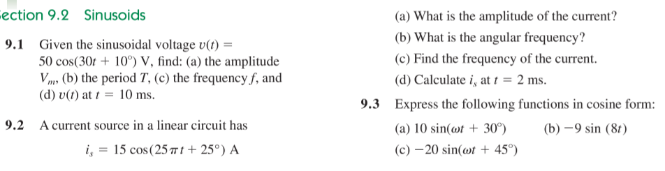 Solved ection 9.2 Sinusoids 9.1 Given the sinusoidal voltage | Chegg.com