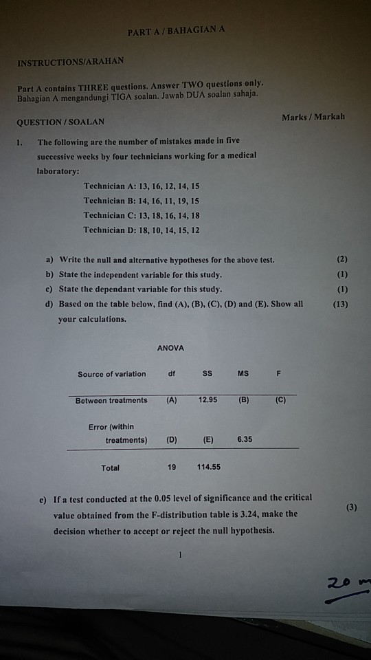 Solved PART A/BAHAGIAN A INSTRUCTIONS/ARAHAN Part A Contains | Chegg.com