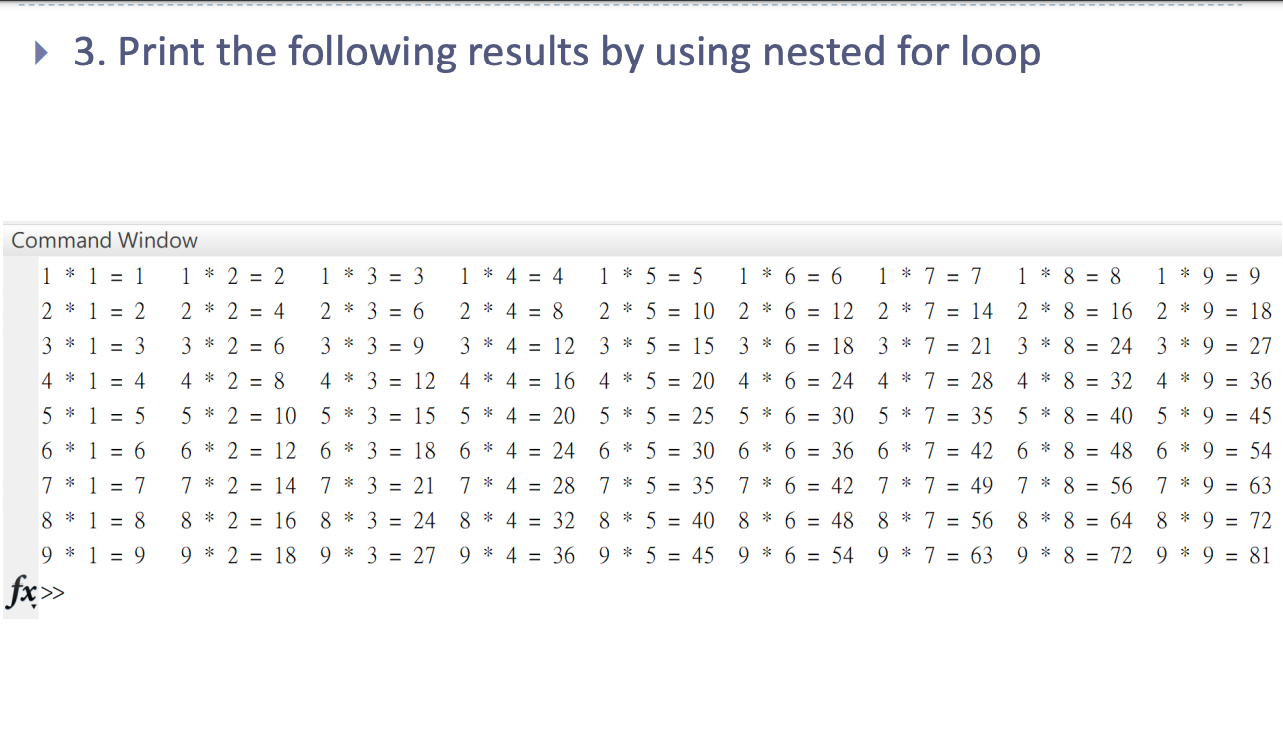 Solved 3. Print the following results by using nested for | Chegg.com
