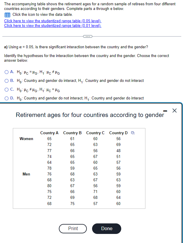 Solved The accompanying table shows the retirement ages for | Chegg.com