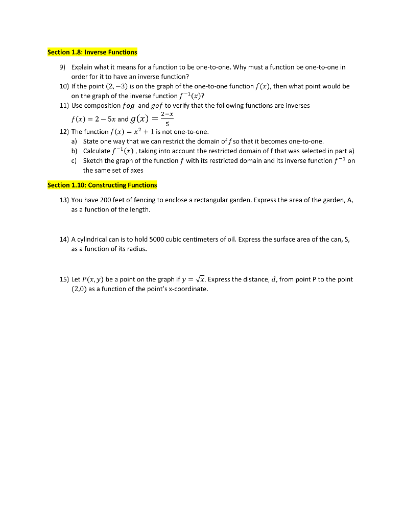 Solved Section 1.8: Inverse Functions 9) Explain what it | Chegg.com