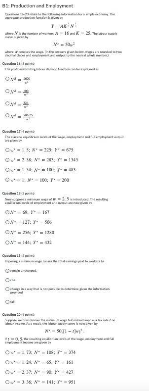 Solved B1: Production and Employment Question 15-20 relate | Chegg.com