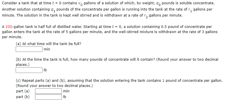 Solved Consider a tank that at time t = 0 contains vo | Chegg.com