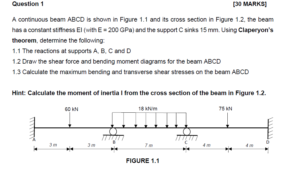 Solved Question 1 [30 MARKS] A continuous beam ABCD is shown | Chegg.com