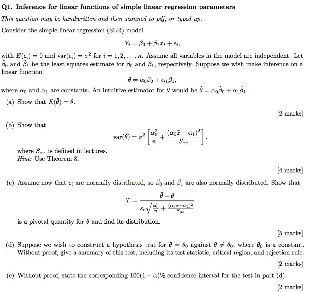 Solved Q1. Inference for linear functions of simple linear | Chegg.com