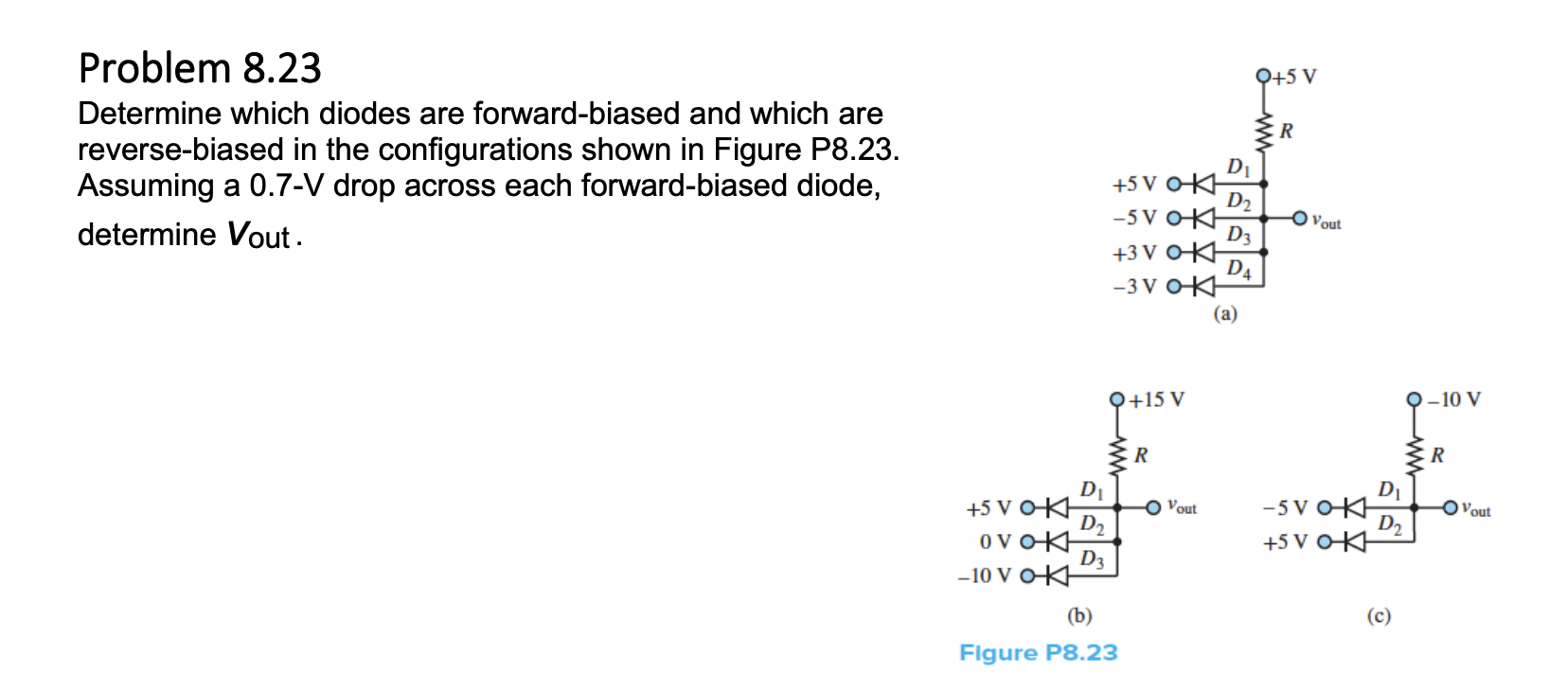 Problem \( 8.23 \)
Determine which diodes are forward-biased and which are
reverse-biased in the configurations shown in Figu