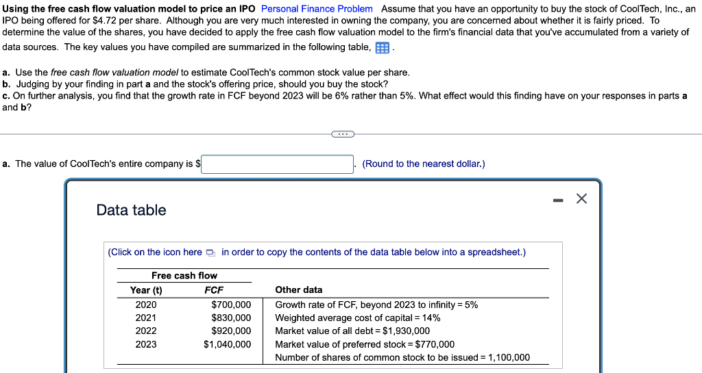 Solved Using The Free Cash Flow Valuation Model To Price An | Chegg.com