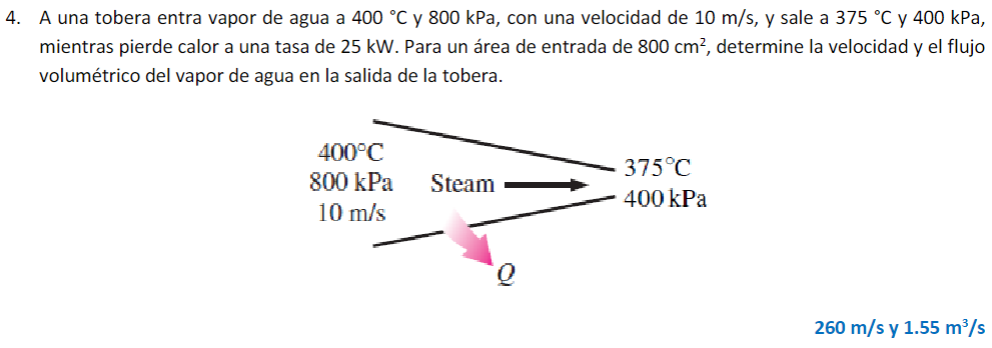 4. A una tobera entra vapor de agua a \( 400{ }^{\circ} \mathrm{C} \) y \( 800 \mathrm{kPa} \), con una velocidad de \( 10 \m