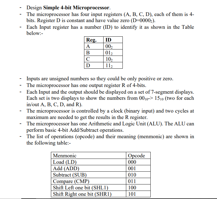 Design Simple 4-bit Microprocessor. The | Chegg.com