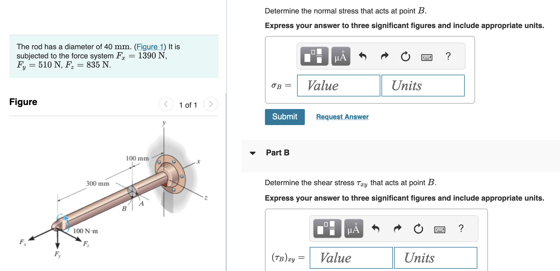 Solved Determine the normal stress that acts at point B. | Chegg.com