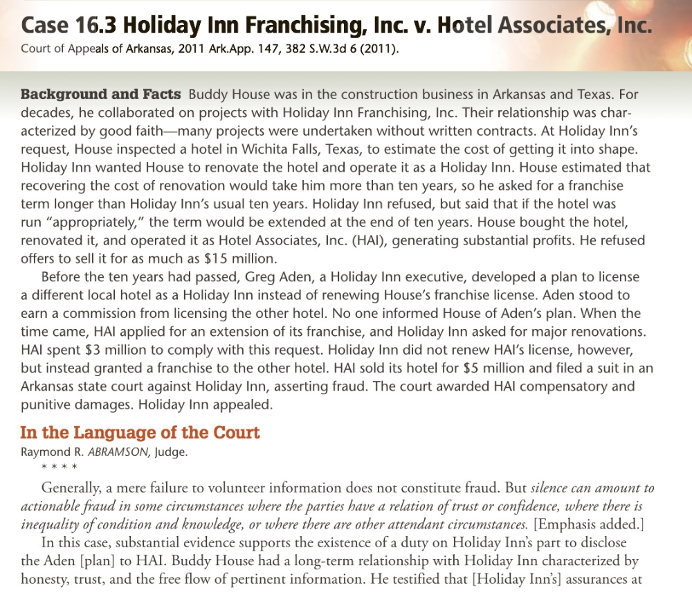 Solved Case 16.3 Holiday Inn Franchising, Inc. v. Hotel