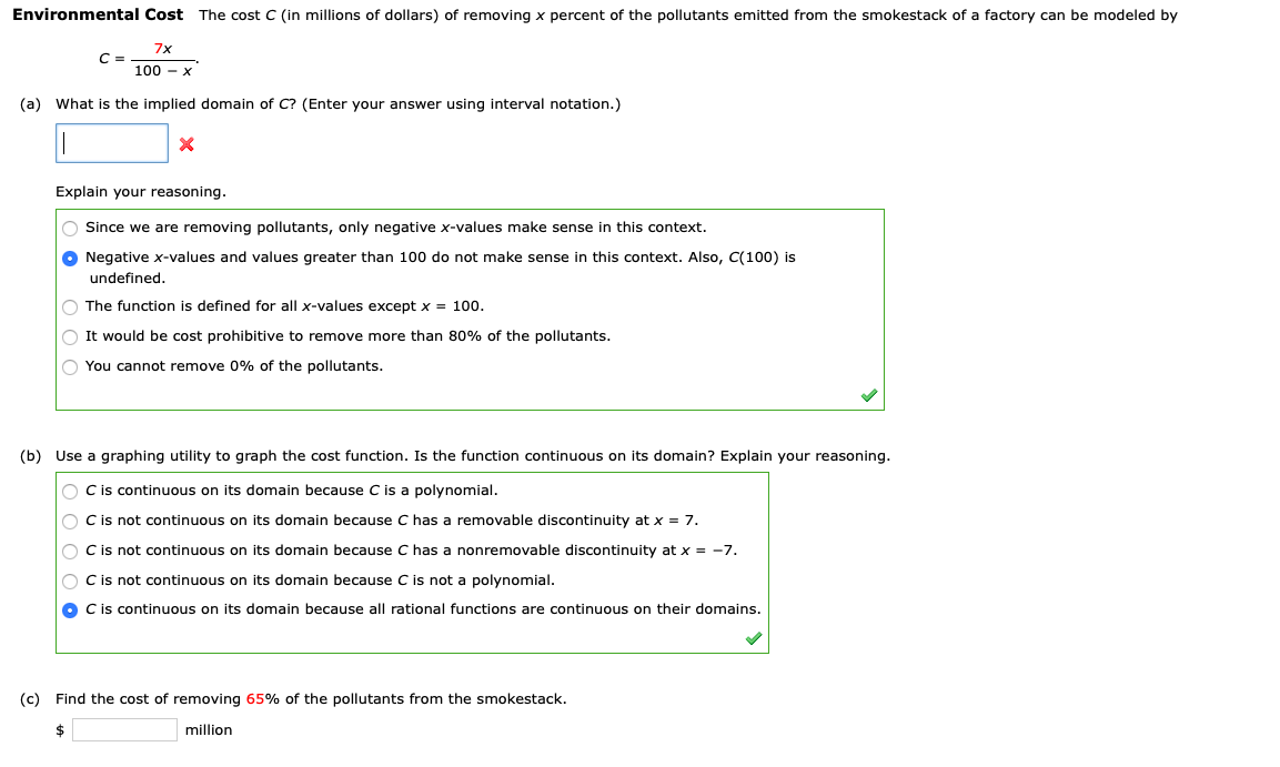 Solved Environmental Cost The cost C (in millions of | Chegg.com