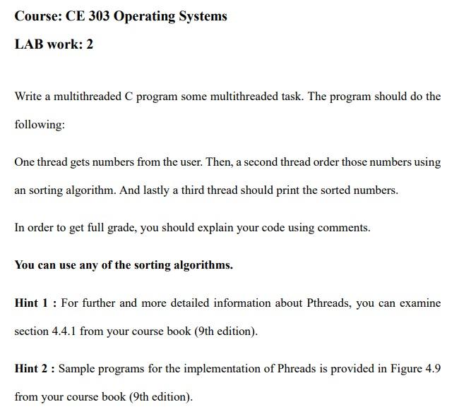 Solved Course: CE 303 Operating Systems LAB work: 2 Write a | Chegg.com