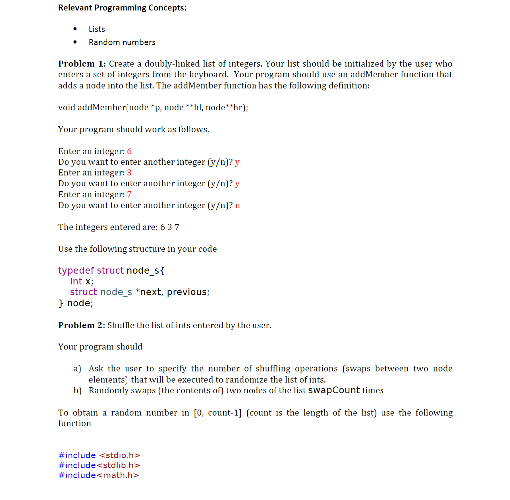 Solved Relevant Programming Concepts Lists Random numbers | Chegg.com