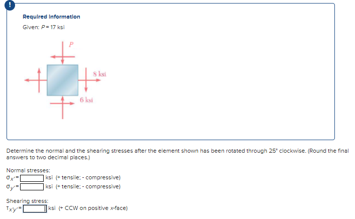 Solved Required Information Given: P = 17 ksi Sksi 6 ksi + | Chegg.com
