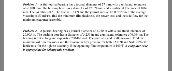 Solved Problem 1-A full journal bearing has a journal | Chegg.com