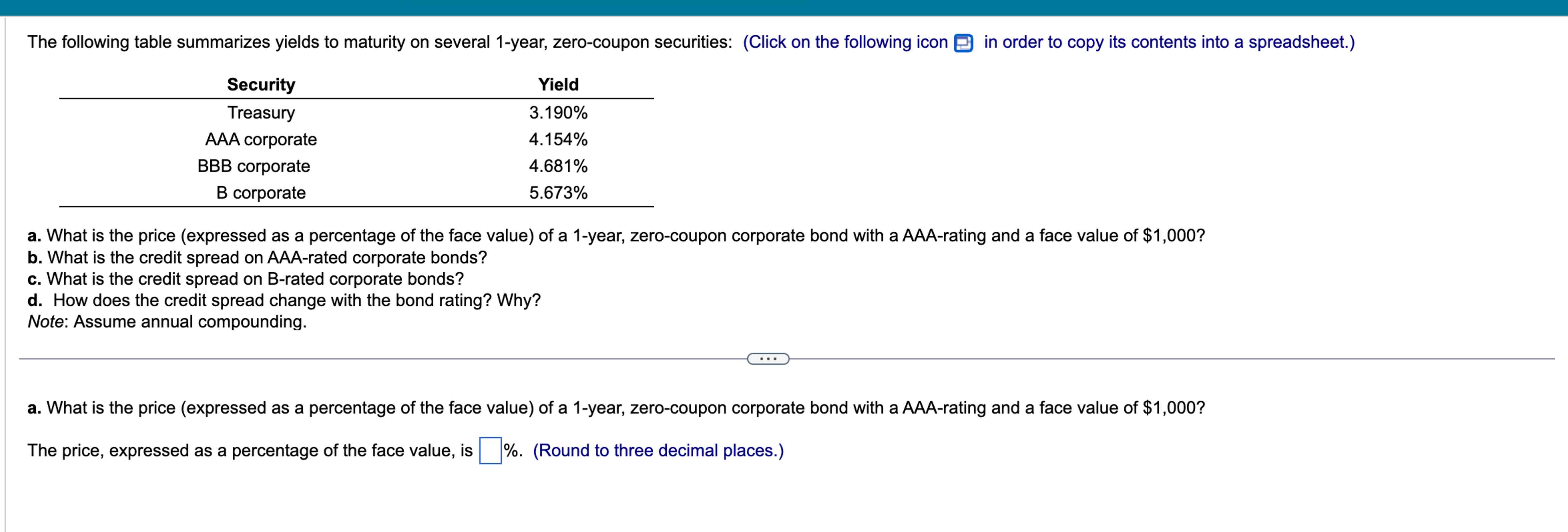 Solved \table[[Security,Yield],[Treasury,3.190% | Chegg.com