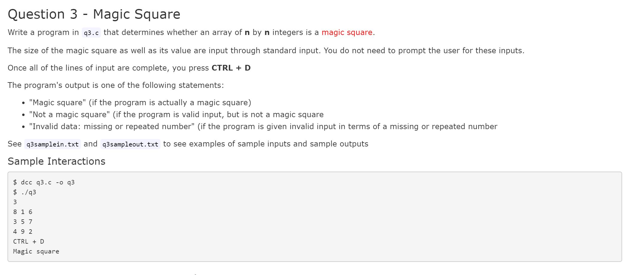 Solved Question 3 - Magic Square Write a program in q3.c | Chegg.com