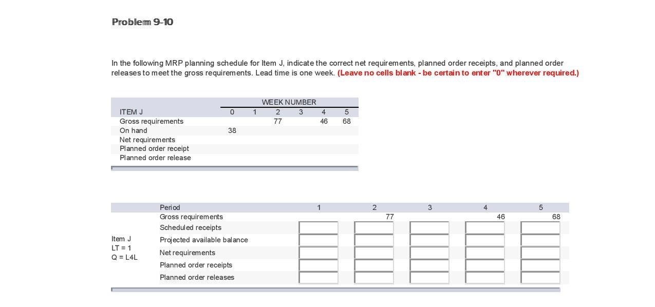 Solved Problem 910 In the following MRP planning schedule
