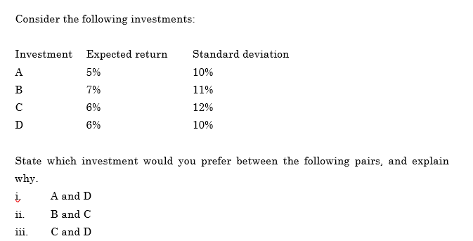 Solved Consider The Following Investments: Investment | Chegg.com