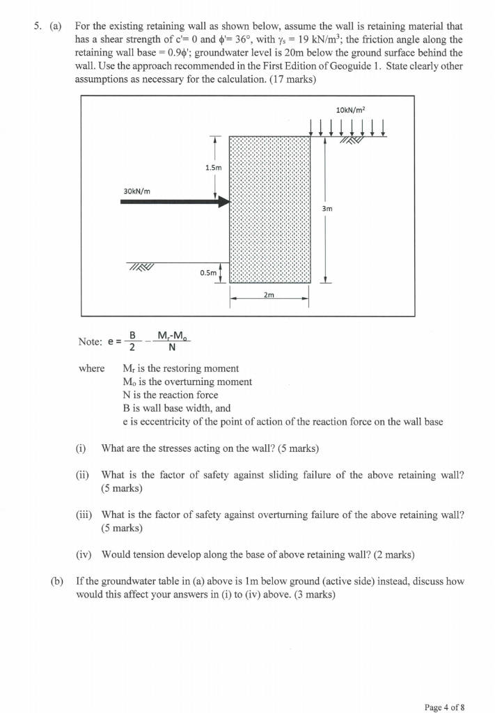 Solved 5. (a) For the existing retaining wall as shown | Chegg.com