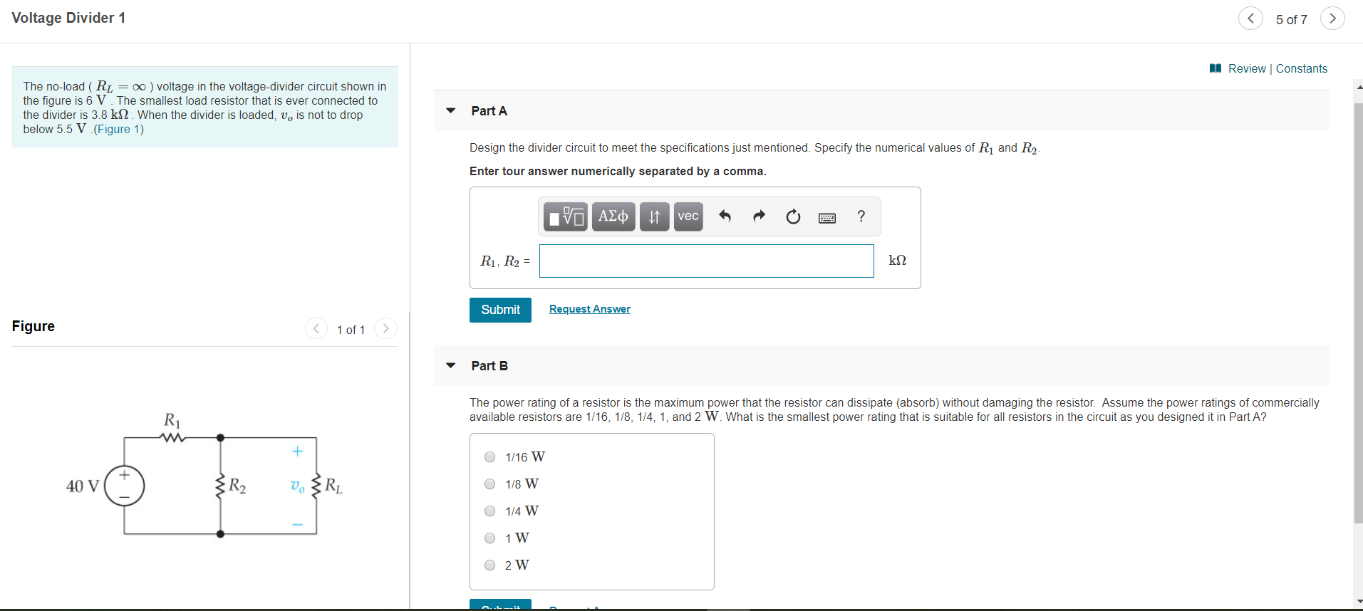 Solved Voltage Divider 1 5 of 7 > A Review Constants The | Chegg.com