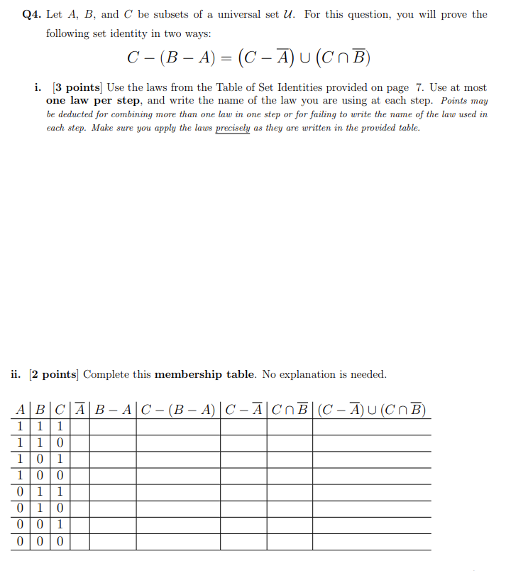 Solved A = Q4. Let A, B, And C Be Subsets Of A Universal Set | Chegg.com