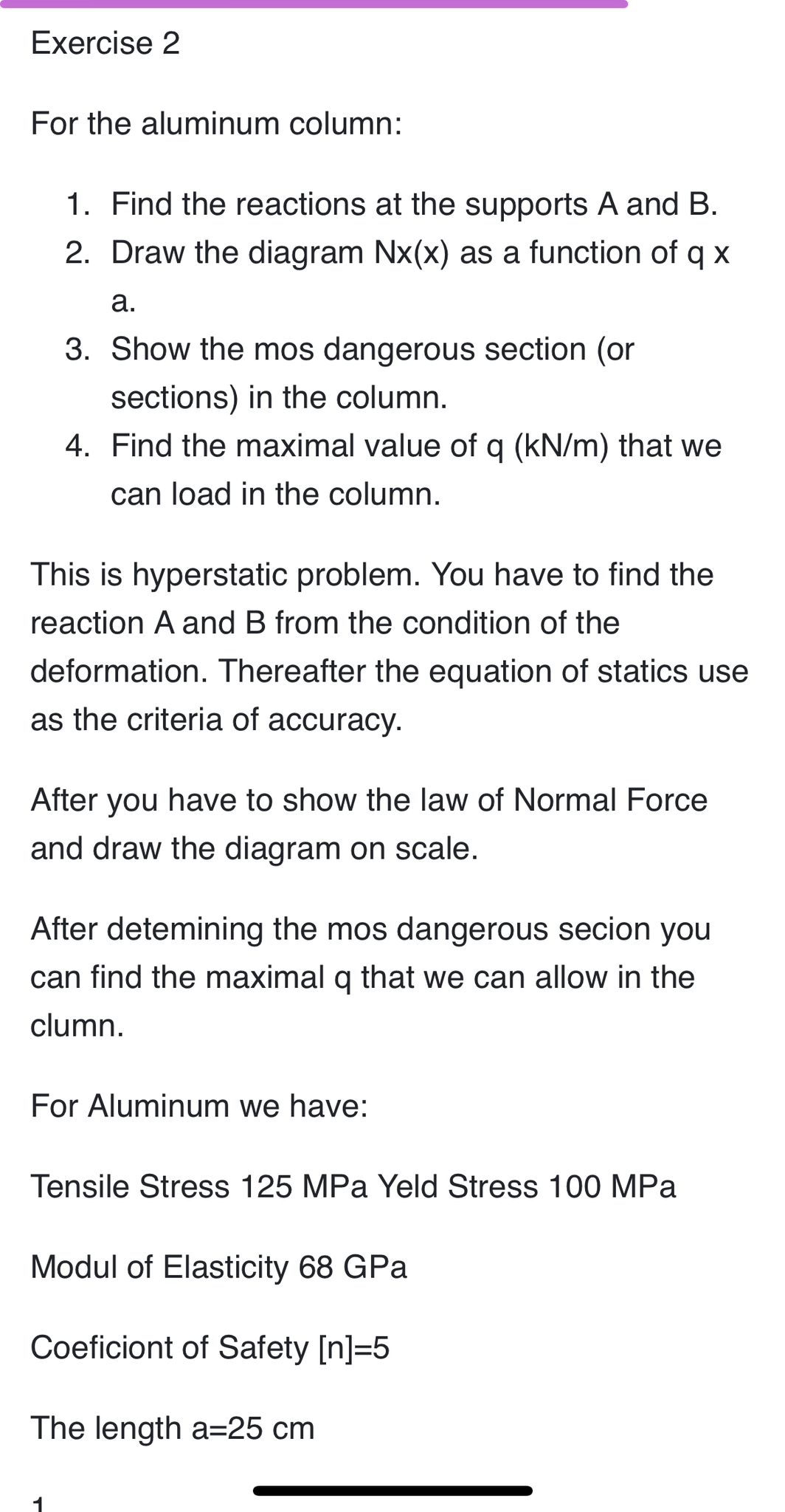 Solved Exercise 2 For The Aluminum Column: 1. Find The | Chegg.com